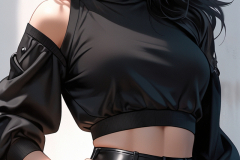 Default_a_close_up_of_a_woman_in_a_black_top_and_leather_short_0