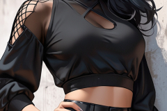 Default_a_close_up_of_a_woman_in_a_black_top_and_leather_short_2